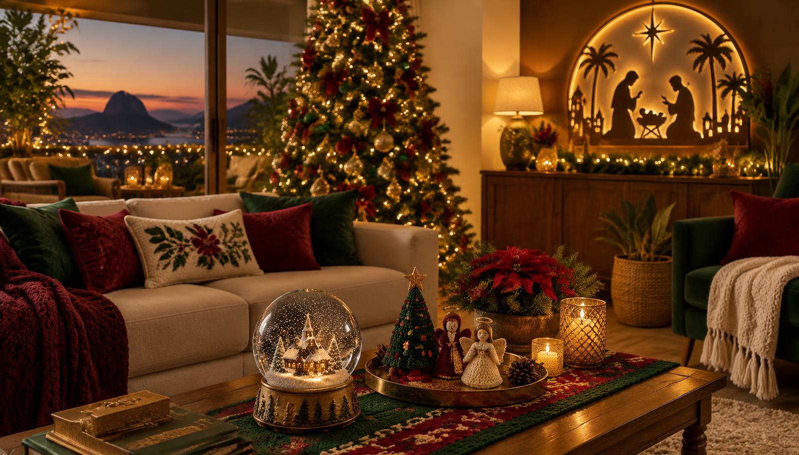 Sala decorada para o Natal com luzes quentes